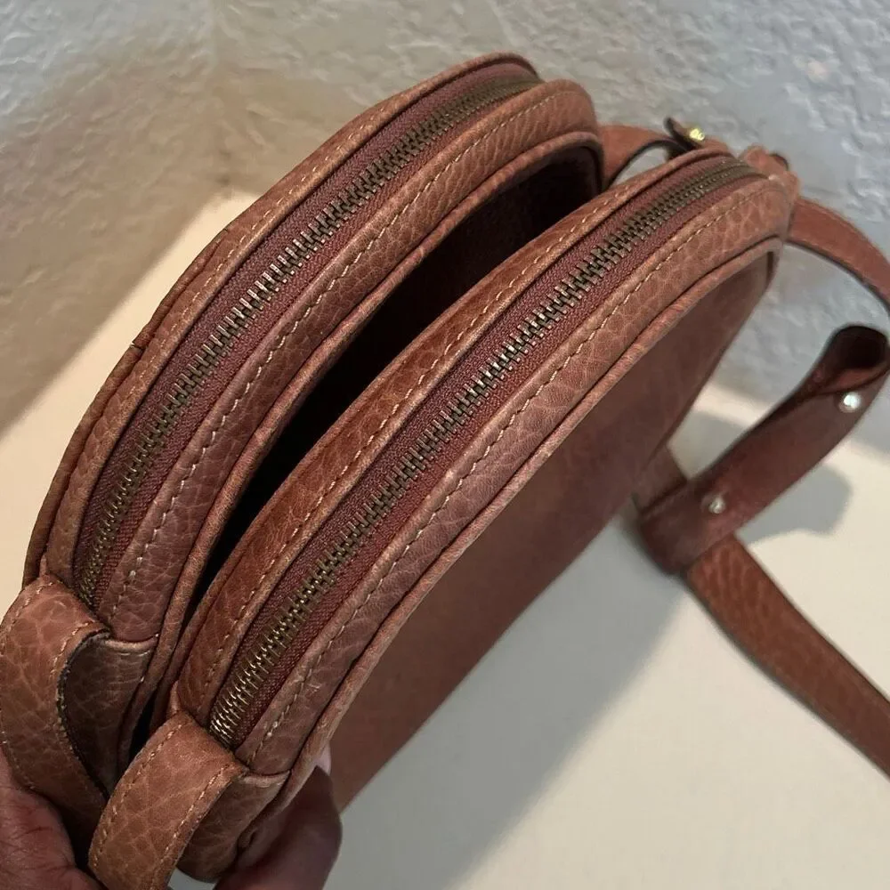 Bally Pebbled Leather Double Circle Crossbody Bag Cognac Brown Quiet Luxury